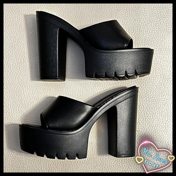 Shoes - Women‘s Black Chunky High-Heeled Mules With Waterproof Platform Size 37.